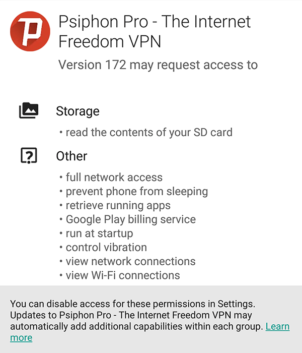 Psiphon Pro requested permissions